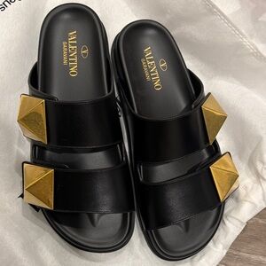 Valentino Garavani Black Slides with Gold Pyramids